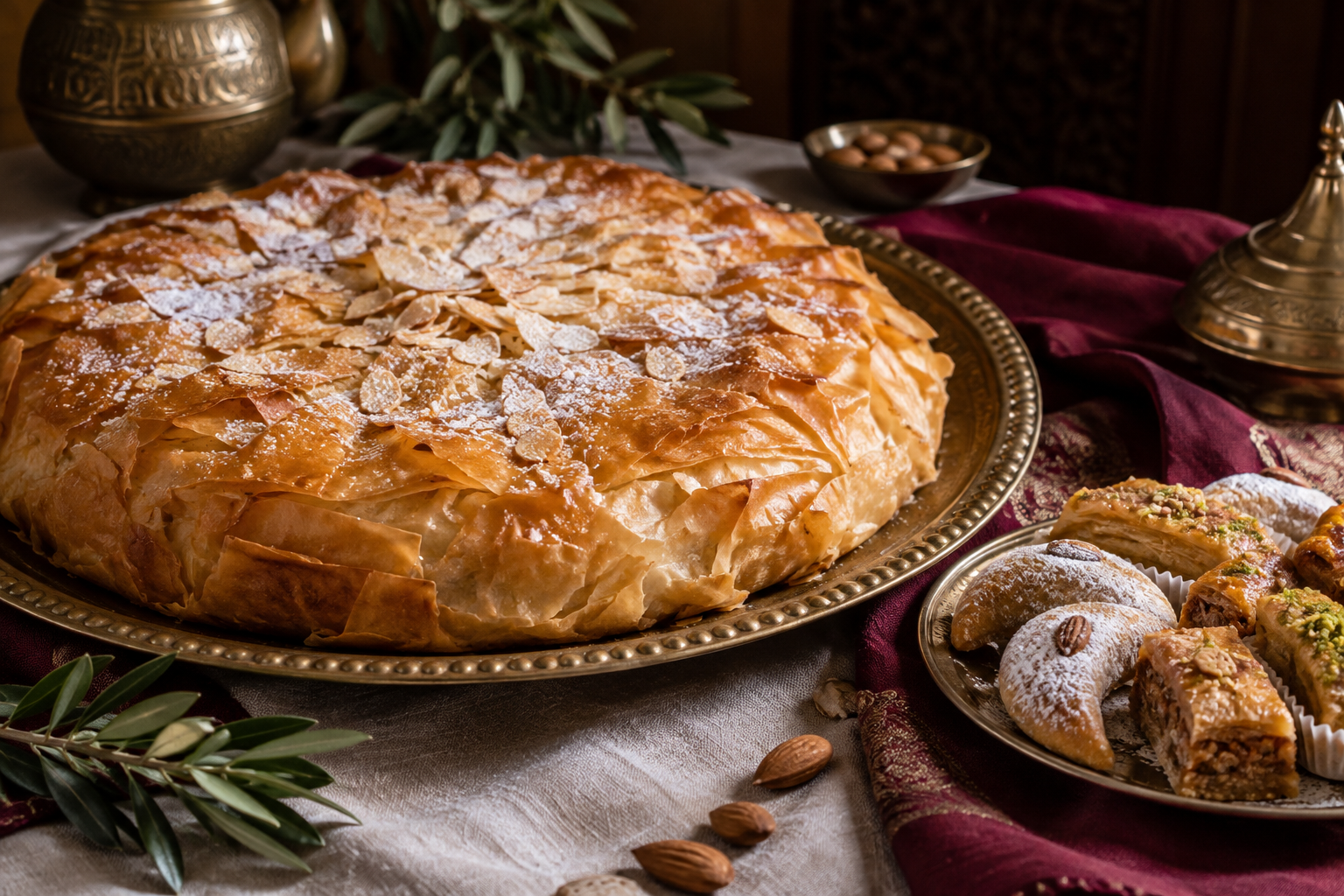 Bastila aux amandes et pâtisseries algériennes sur une table de fête
